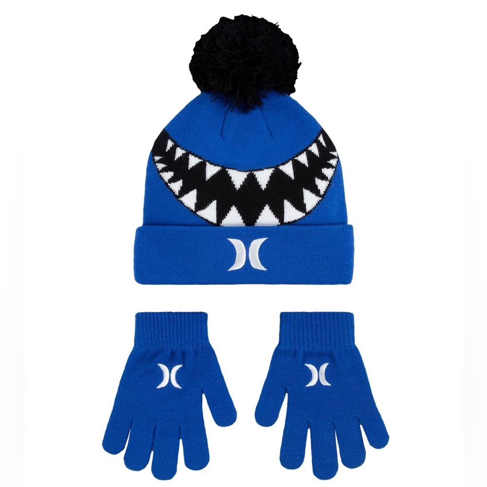 NEW Boys 8-20 Hurley Sharkbait Winter Pom Beanie Hat & Gloves Set, Blue